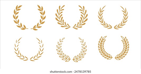 Golden laurel wreath silhouette vector collection.  Gold award, winner emblem. Laurel foliate branches. Trophy set. Vector collection