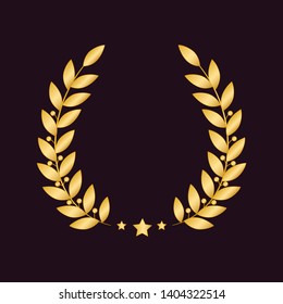 Golden laurel wreath with a star isolated on dark background. Vector design element for cards, certificates, graduation banners.
