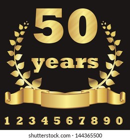 golden laurel wreath with striped digit of jubilee years on black background. eps10 vector illustration