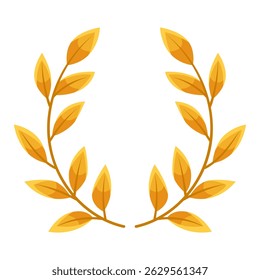 Coroa de louro dourado com folhas estilizadas em um estilo gráfico plano, isolado no fundo branco. Símbolo de vitória, honra e conquista. Ilustração vetorial