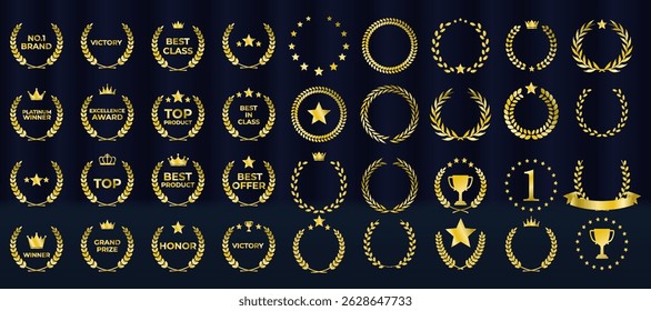 Golden laurel wreath symbolizes first place and achievement. Award badge design fits certificates and prize medals. Elegant leaf crown glows on black premium background. Vector set