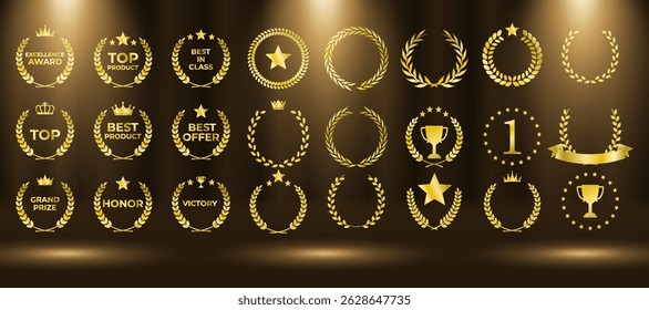 Golden laurel wreath symbolizes first place and achievement. Award badge design fits certificates and prize medals. Elegant leaf crown glows on black premium background. Vector set