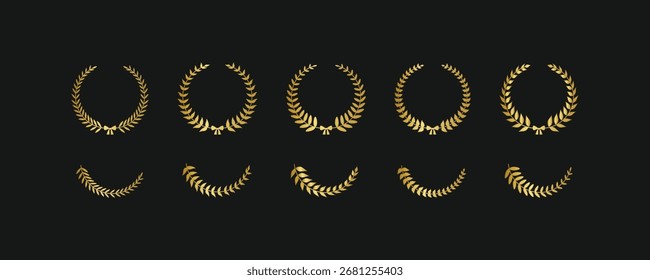 Golden laurel wreath vector set. Luxurious and elegant emblems for victory, success, and achievement awards, perfect for premium logos