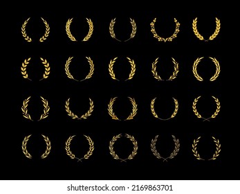 Golden laurel wreath. Winner award emblem with florist ornamental elements, victory certified symbol. Vector olive branch frame isolated set. Prize for winning in competition, frame for certificate
