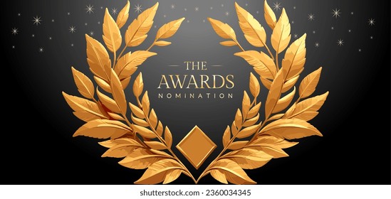 Golden laurel wreath winner award nomination background. 3d realistic design. Award concept background. Luxury premium corporate abstract design template.