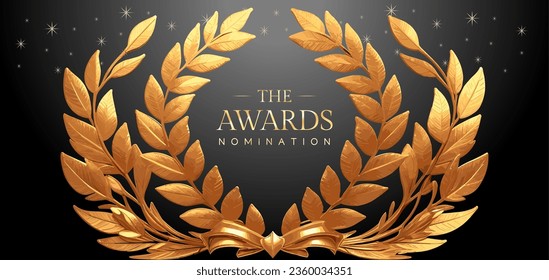 Golden laurel wreath winner award nomination background. 3d realistic design. Award concept background. Luxury premium corporate abstract design template.