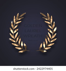 Golden laurel wreath.Realistic gold metal olive branches. Winner award and achievement heraldry symbol. Vector illustration.