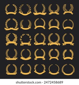 golden laurel wreaths. Laurel branches frames collection. Floral round frames of leaves. Vintage decorative elements for awards, medals and achievement.