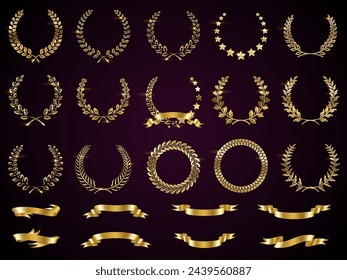 Golden laurel wreaths with ribbons realistic vector illustration set. Luxury reward for winner 3d models on dark background. Honour symbol