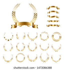 Golden laurel wreaths and ribbons set on white background. Set of foliate award wreath for championship or cinema festival. Vector illustration