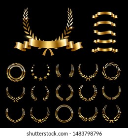 Golden laurel wreaths and ribbons set on black background. Set of foliate award wreath for championship or cinema festival. Vector illustration