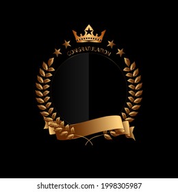 Golden laurels adorned with five stars on top. with gold ribbon below Round Bottom Achievement Award Vector Illustration With Gray Gradient Background