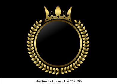 Golden laurels template vector illustration. Circle frame for logo, label, company name, rating, ranking, cover, emblem, icon, luxury template, pawnshop or web page graphic design element.