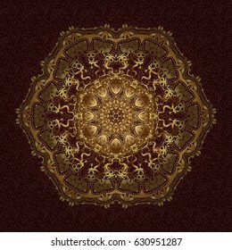 Golden layout on brown background. Business, science and technology design book layout. Modern vector template for brochure leaflet flyer cover catalog magazine or annual report. Mandala presentation.