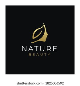 Golden Leaf Beauty Women Face Logo Design Vector