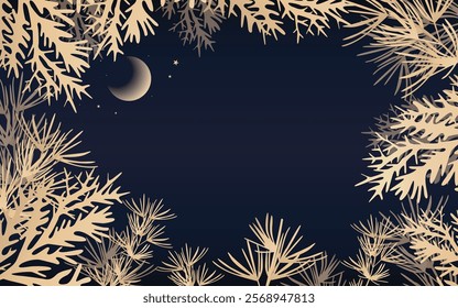 Golden leaf border with dark blue background and moonlight design, poster, background image, card, Christmas style