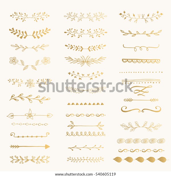 Golden leaf borders and dividers. Hand drawn\
vector illustration.\
Isolated