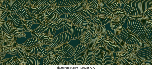 Golden leaf botanical modern art deco wallpaper background vector. Line arts background design for interior design, vector arts, fashion textile patterns, textures, posters, wrappers, gifts etc.