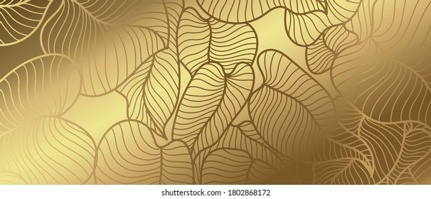 Golden leaf botanical modern art deco wallpaper background vector. Line arts background design for interior design, vector arts, fashion textile patterns, textures, posters, wrappers, gifts etc.