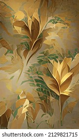 Golden leaf botanical modern art deco wallpaper background vector. Line arts background design for interior design, vector arts, fashion textile patterns, textures, posters, wrappers, gifts etc.