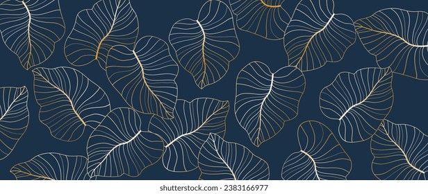 Golden leaf botanical modern art deco wallpaper navy blue background vector. Linear background design for interior design, vector art, trendy textile patterns, textures, posters	