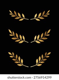 Golden leaf branches set motifs arc border frame underline top line black background collection. Each leaf cluster curves elegantly, creating balanced, symmetrical designs. Their metallic sheen evokes