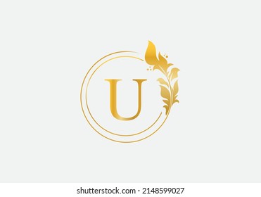Vector de diseño de la hoja de oro y el logotipo de círculo. Diseño vectorial de la belleza dorada y el símbolo de negocios y el alfabeto
