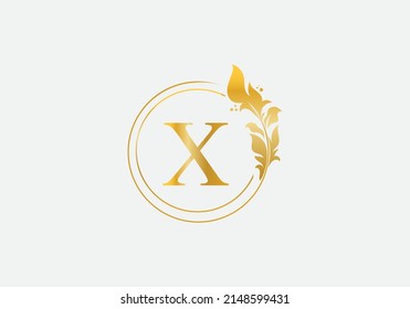 Vector de diseño de la hoja de oro y el logotipo de círculo. Diseño vectorial de la belleza dorada y el símbolo de negocios y el alfabeto