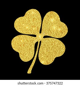 Golden leaf clover on a black background with shimmering highlights. Symbol of good luck. Patrick's Day. Vector illustration golden texture. Template cards for congratulations. Card.