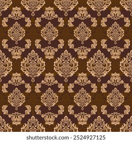 Golden leaf damask seamless pattern. Brown background with layer damask. Design for wrapping paper, wallpaper Decoration, textile, embroidery, fabric. Vector illustration.