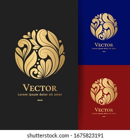 Golden leaf emblem in a circle shape. Can be used as monogram and logo. Luxury vintage vector template with elegant elements. Great for wallpaper or background decoration.