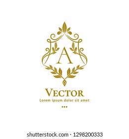 Golden leaf emblem. Elegant, classic vector. Can be used for jewelry, beauty and fashion industry. Great for logo, monogram, invitation, flyer, menu, brochure, background, or any desired idea.