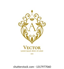 Golden leaf emblem. Elegant, classic vector. Can be used for jewelry, beauty and fashion industry. Great for logo, monogram, invitation, flyer, menu, brochure, background, or any desired idea.