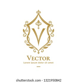Golden leaf emblem. Elegant, classic vector. Can be used for jewelry, beauty and fashion industry. Great for logo, monogram, invitation, flyer, menu, brochure, background, or any desired idea.