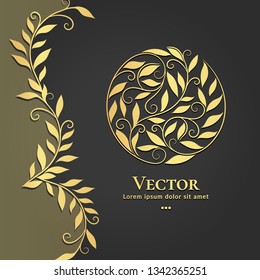 Golden leaf emblem. Elegant, classic vector. Can be used for jewelry, beauty and fashion industry. Great for logo, monogram, invitation, flyer, menu, brochure, background, or any desired idea.