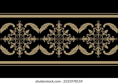Golden Leaf Flourish Hand draw On Black Background Elegance Detailed Border Decoration Seamless pattern vector. High thread count ,Cotton damask, Linen damask,Table linens, Upholstery fabric, kilim