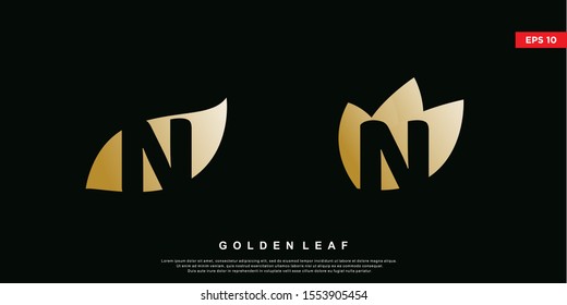 golden leaf initial letter n logo. modern icon,template design