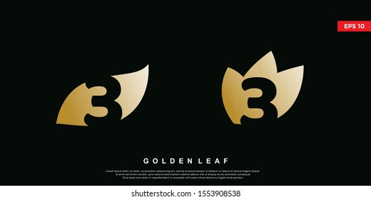 golden leaf initial number 3 logo. modern icon,template design