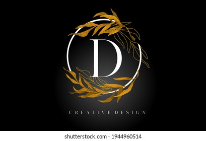 Golden Leaf Letter D Logo Design With Gold leafs and Golden Monoline Lines. Letter D logo for Cosmetic Beauty Natural Products. 