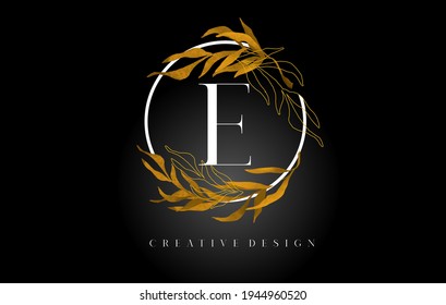 Golden Leaf Letter E Logo Design With Gold leafs and Golden Monoline Lines. Letter E logo for Cosmetic Beauty Natural Products. 