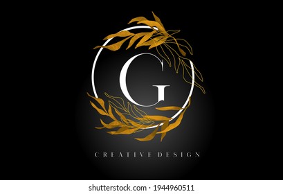 Golden Leaf Letter G Logo Design With Gold leafs and Golden Monoline Lines. Letter G logo for Cosmetic Beauty Natural Products. 