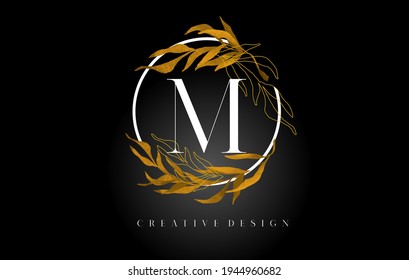 Golden Leaf Letter M Logo Design With Gold leafs and Golden Monoline Lines. Letter M logo for Cosmetic Beauty Natural Products. 