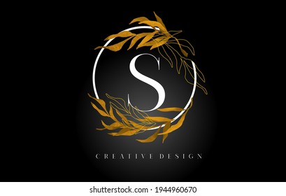 Golden Leaf Letter S Logo Design With Gold leafs and Golden Monoline Lines. Letter S logo for Cosmetic Beauty Natural Products. 