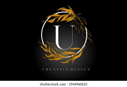 Golden Leaf Letter U Logo Design With Gold leafs and Golden Monoline Lines. Letter U logo for Cosmetic Beauty Natural Products. 