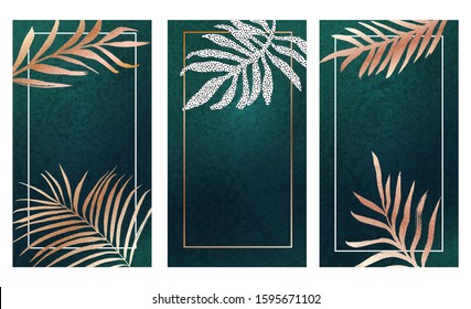 Golden Leaf On Teal Foil Texture Banners Set. Luxurious Background With Gold Frond Tropical Leaves. Vertical Card Vector Design.