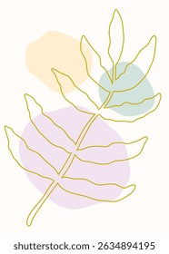 Folha dourada ramo sobrepondo pastel colorido formas orgânicas, boho chique design minimalista