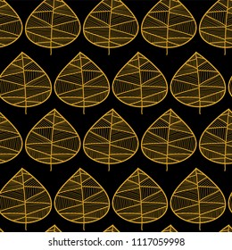Golden leaf pattern on a black background. Seamless vector pattern. Perfect for fabric, all kinds of paper projects, and stationery.
