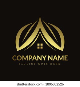 Golden leaf real estate logo vector template