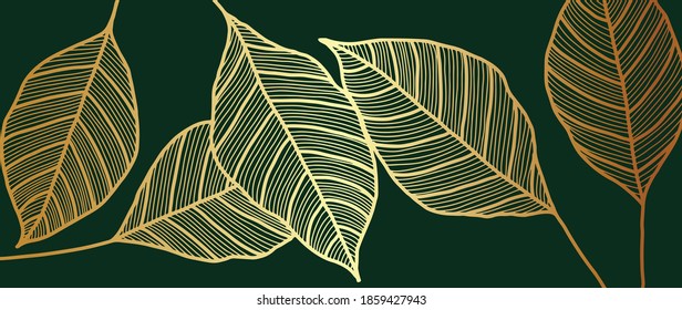 Golden leaf wallpaper design vector. Gold tropical leaves line arts background. Vector illustration.