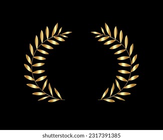 golden leaf wreath with copy space for your text, gold luxury laurel award frame sign, vector logo banner  design isolated on black background 
